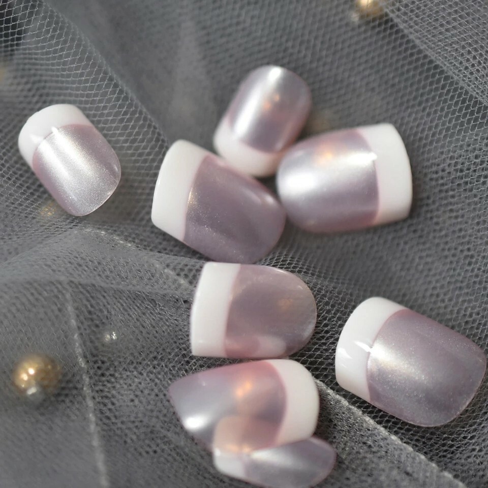 24 Short French Mani Press on nails glue on white tip Pearl Pink kit