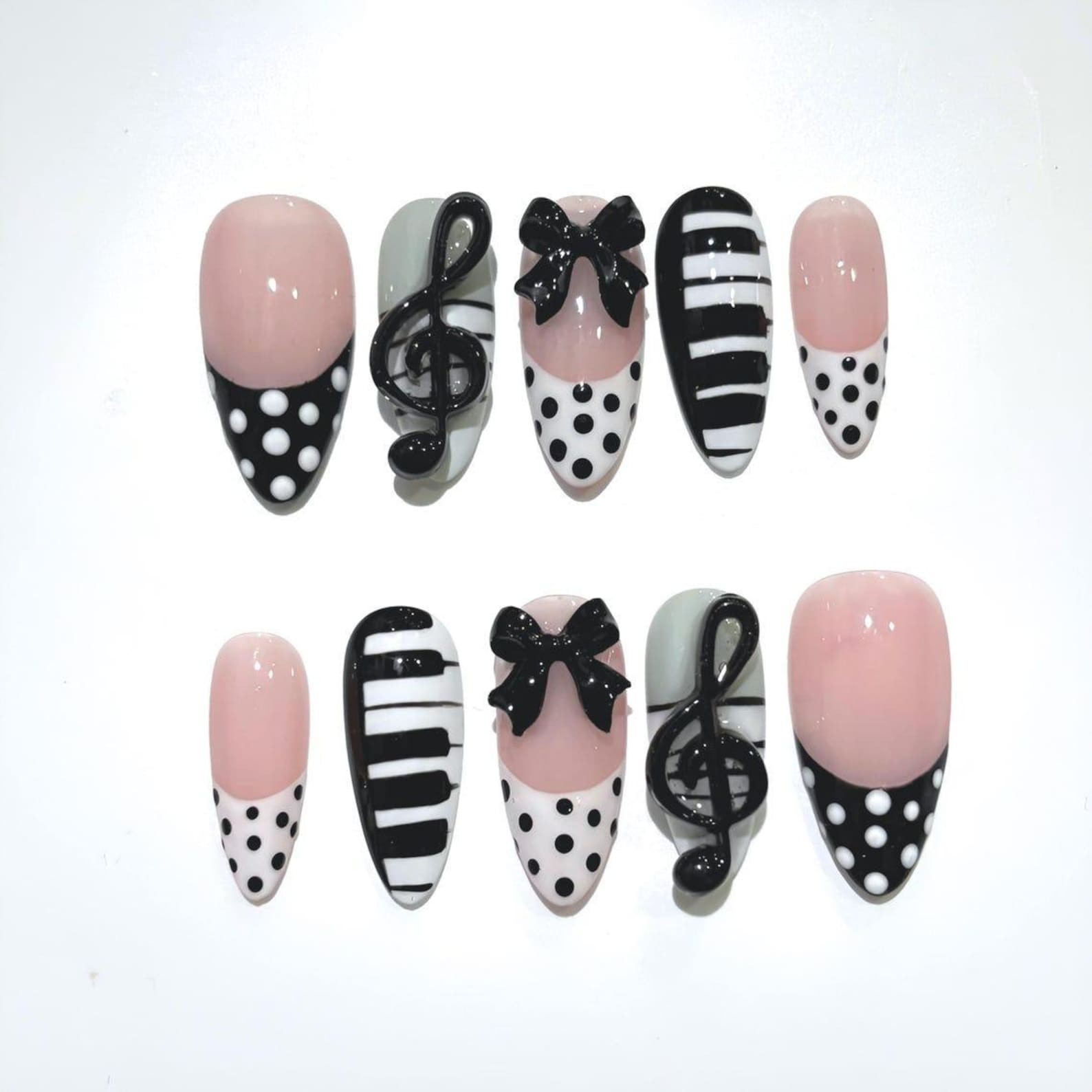 Handmade Pink French Polka Dot 3D Piano Key Music Note Bow Square Press on Nails