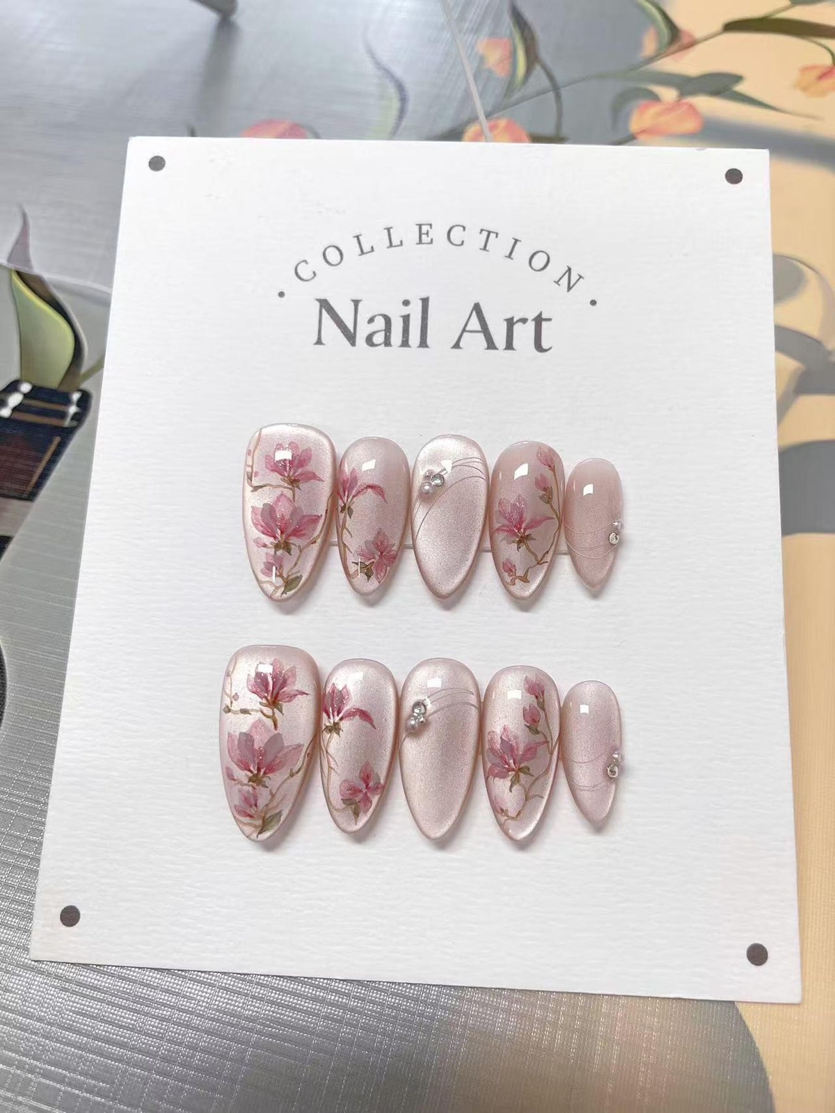 Handmade Pink Magnolia Floral Rhinestone Medium Almond Press on Nails