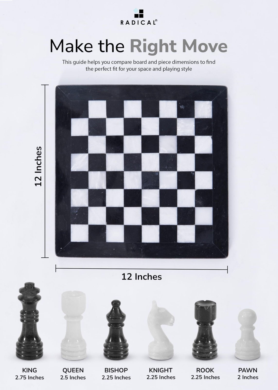 Radicaln Marble Chess Set 12 Inches Black and 12 inches, White
