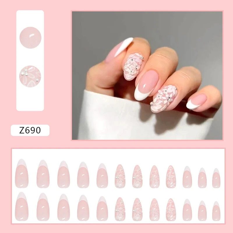 White Press on Nails – Flower Nails – Almond Press On Nails – Free Shipping