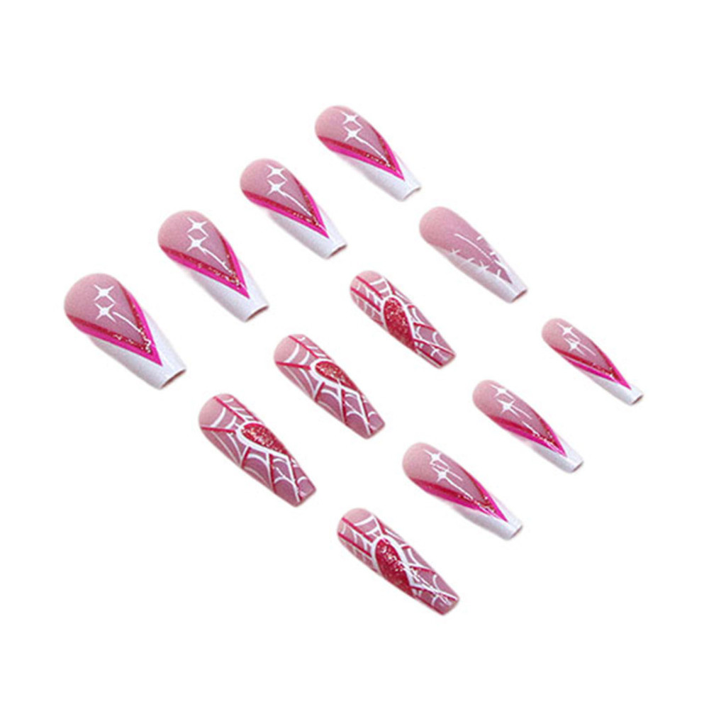 Pink Long Fake Nails With Spider Web Printed Charming Manicure Nails Press On