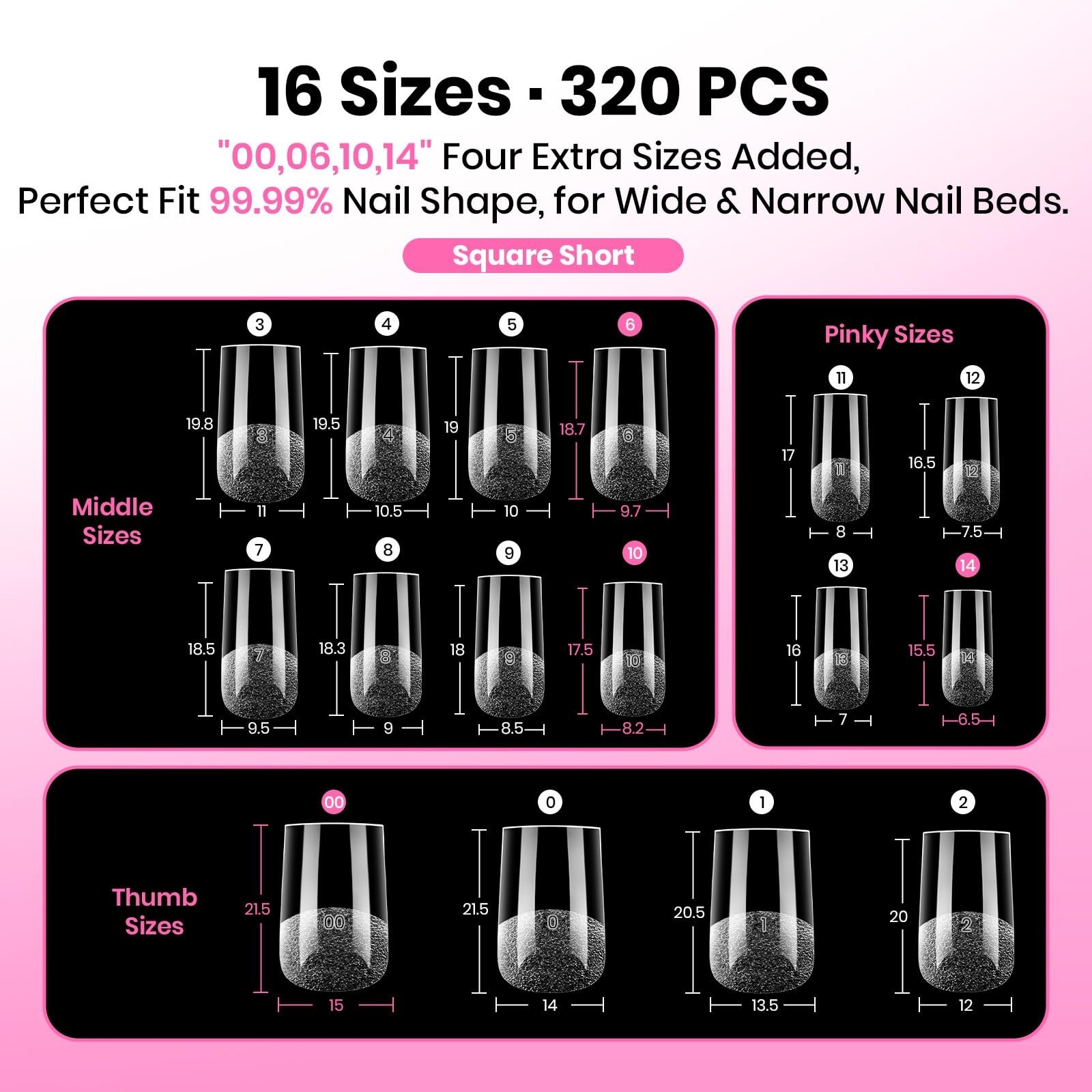 320pcs Soft Gel Nail Tips Square Short – 16 Sizes, Pre-Etched Clear Press-On Nai