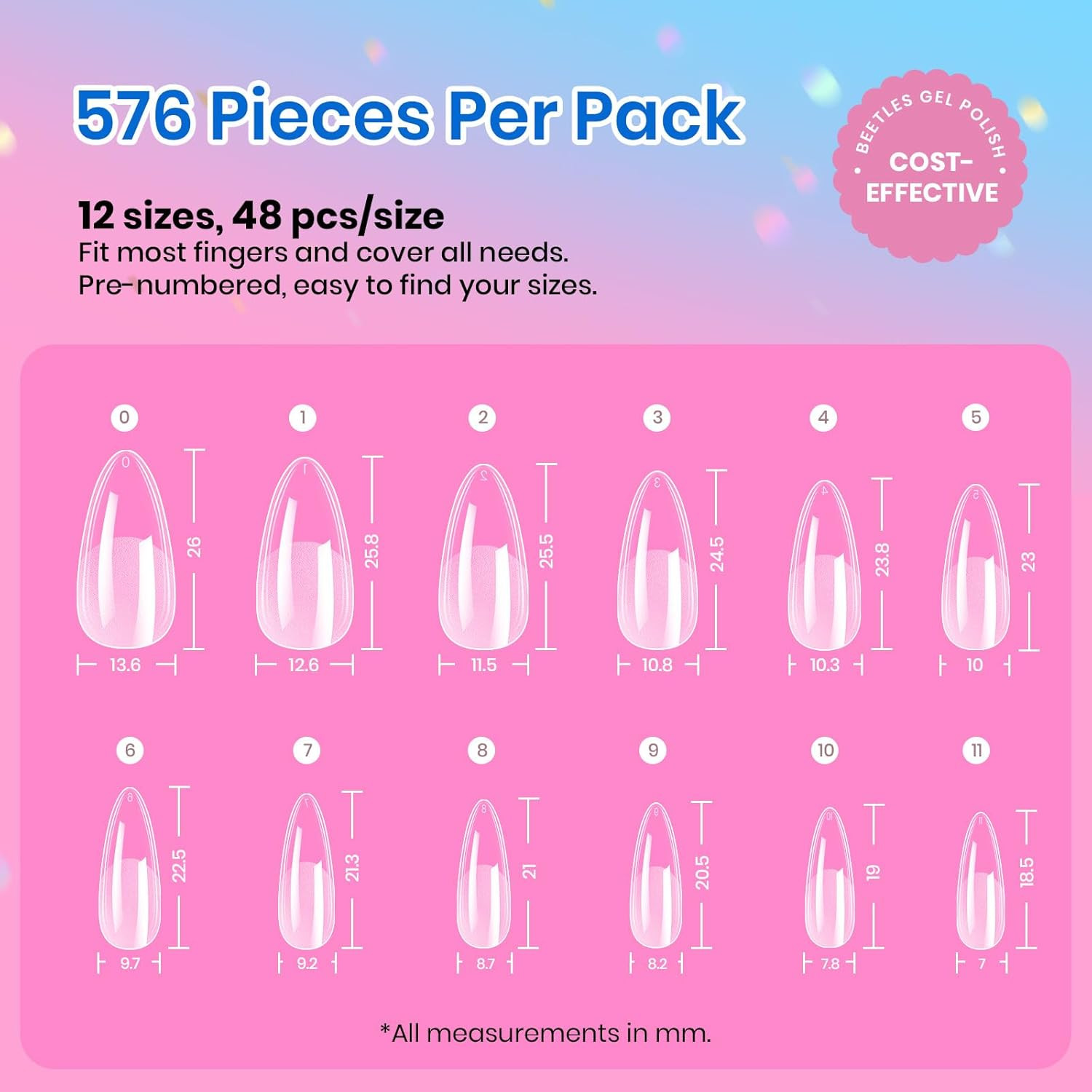 Beetles Medium Almond Nail Tips 576Pcs 12 Sizes, Pre-Etched Soft Gel Nail Tips H
