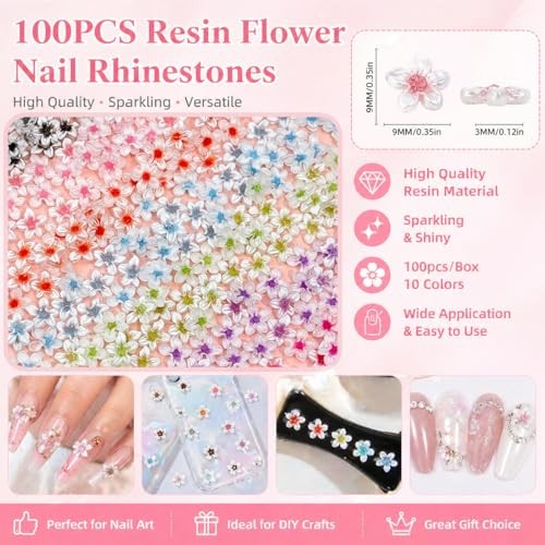 100Pcs 3D Flower Nail Charms Colorful Five-Petal Flower Nail Resin Flower -6