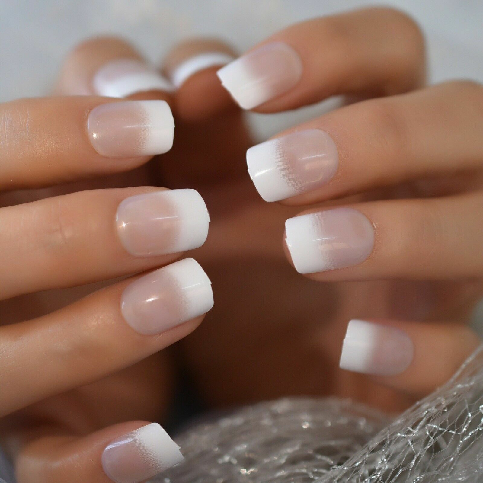 French Tip Ombre – Medium Square Press On Nails – Glue On False Set- 24 pc Kit