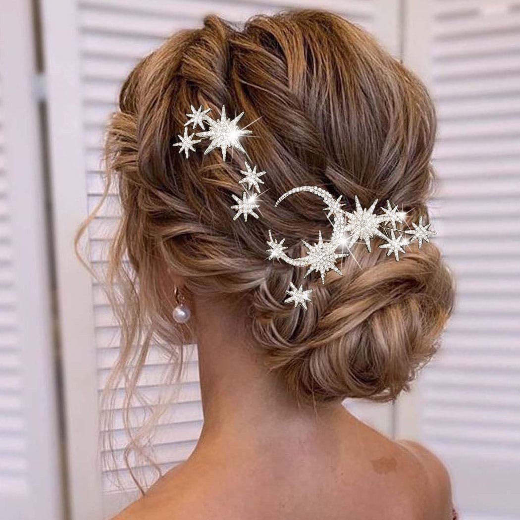 Unicra Star Moon Bride Wedding Hair Pins Crystal Bridal Pieces Silver