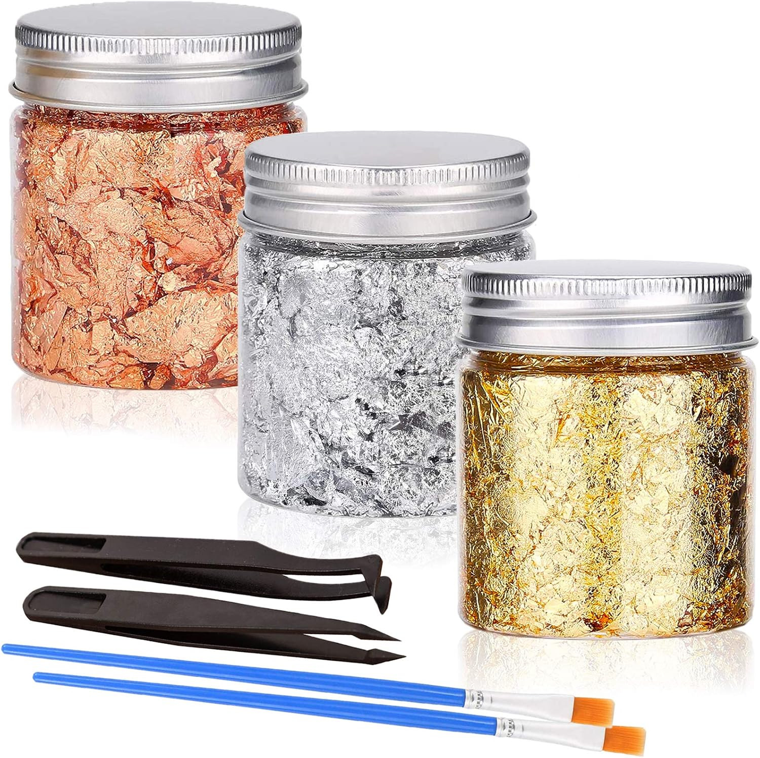 Gold Foil Flakes with Tweezers and Brush, 3 Colors Imitation Gold Foil Flakes