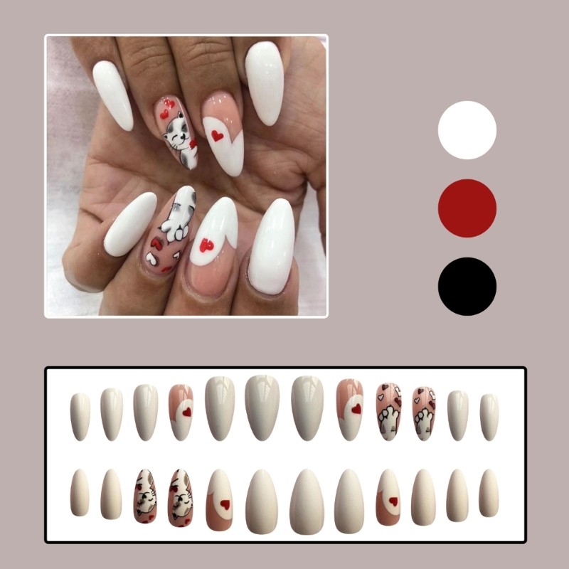 Lovely Cats False Nail Heart Artificial Nail Glossy Press On Nail for Woman
