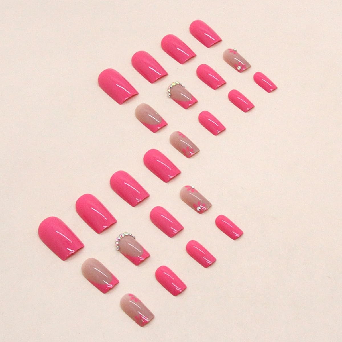 Hot Pink Press on Nails Medium Square Fake Nails French Tip False Floral Pink