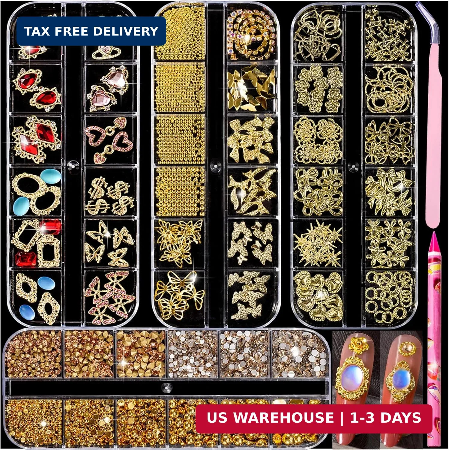 Variety Gold Nail Charms: 48 Styles Gorgeous 3D Metal Nail Gems Rhinestones for