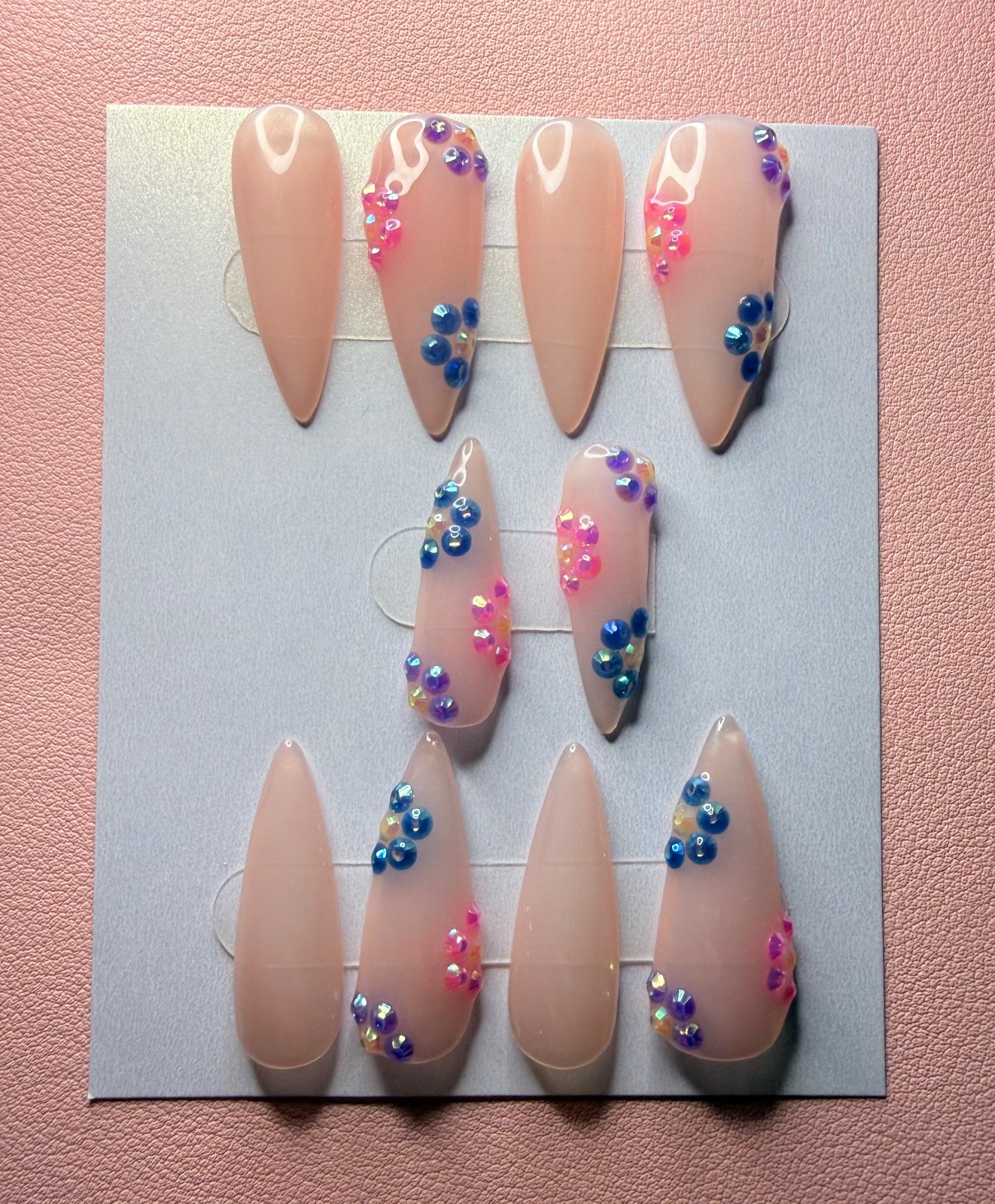 “Nude Stiletto Press-Ons with Pink & Blue Gem Accents”