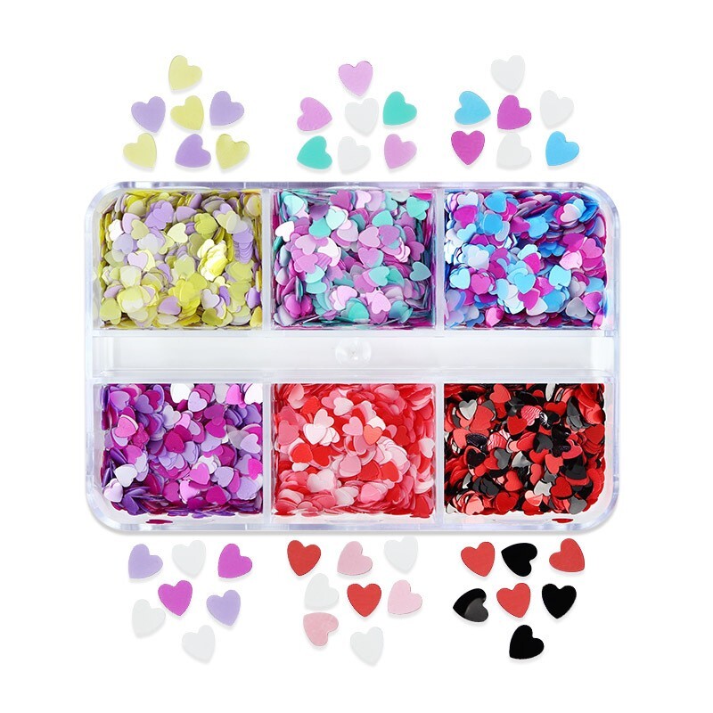 6 Grids Multi-Color LOVE Heart Nail Art Laser Sequins Glitter Flakes DIY Decor