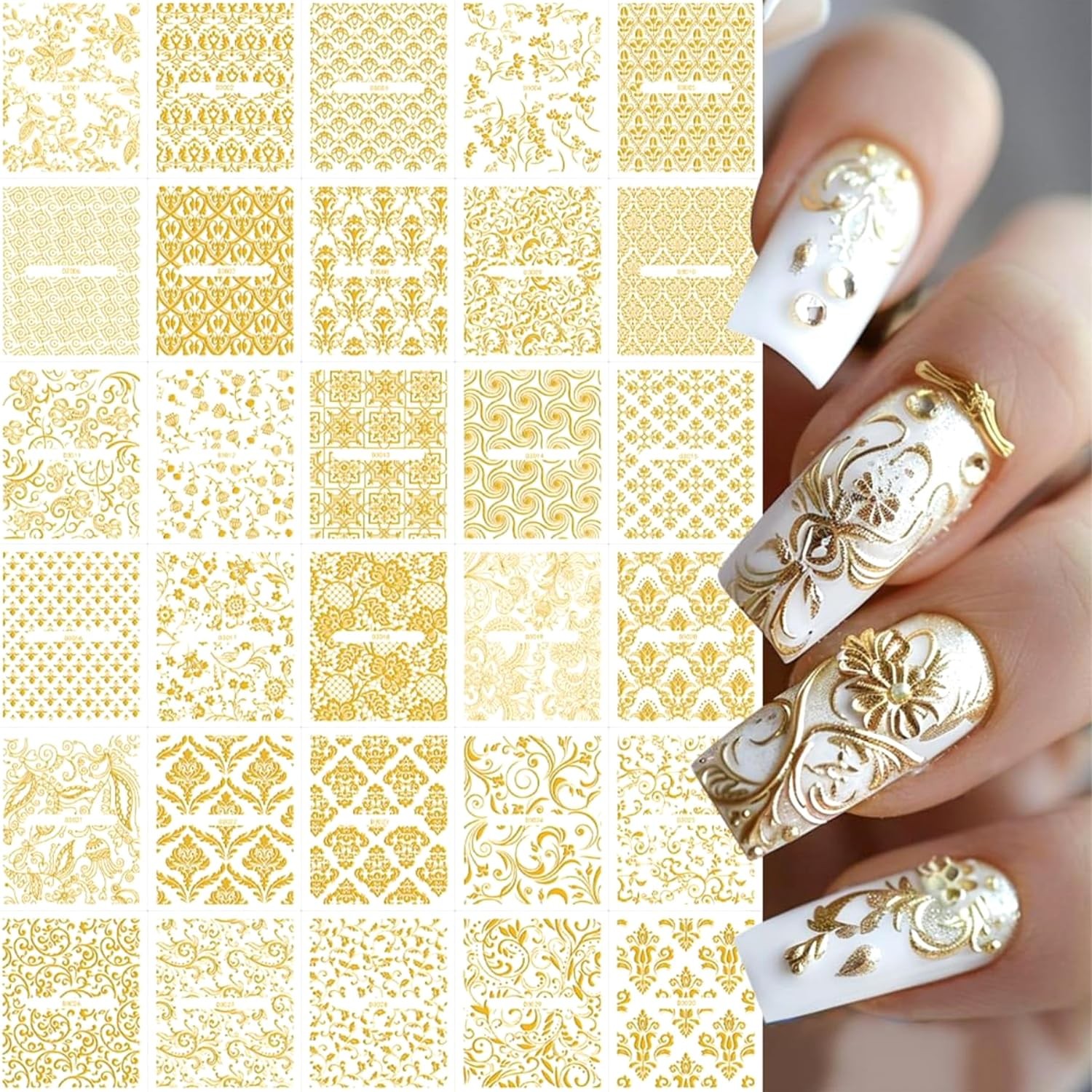 30 Nail Stickers,Gold Lace Flower Nail Art Stickers,3D -Adhesive Nail Decals,…