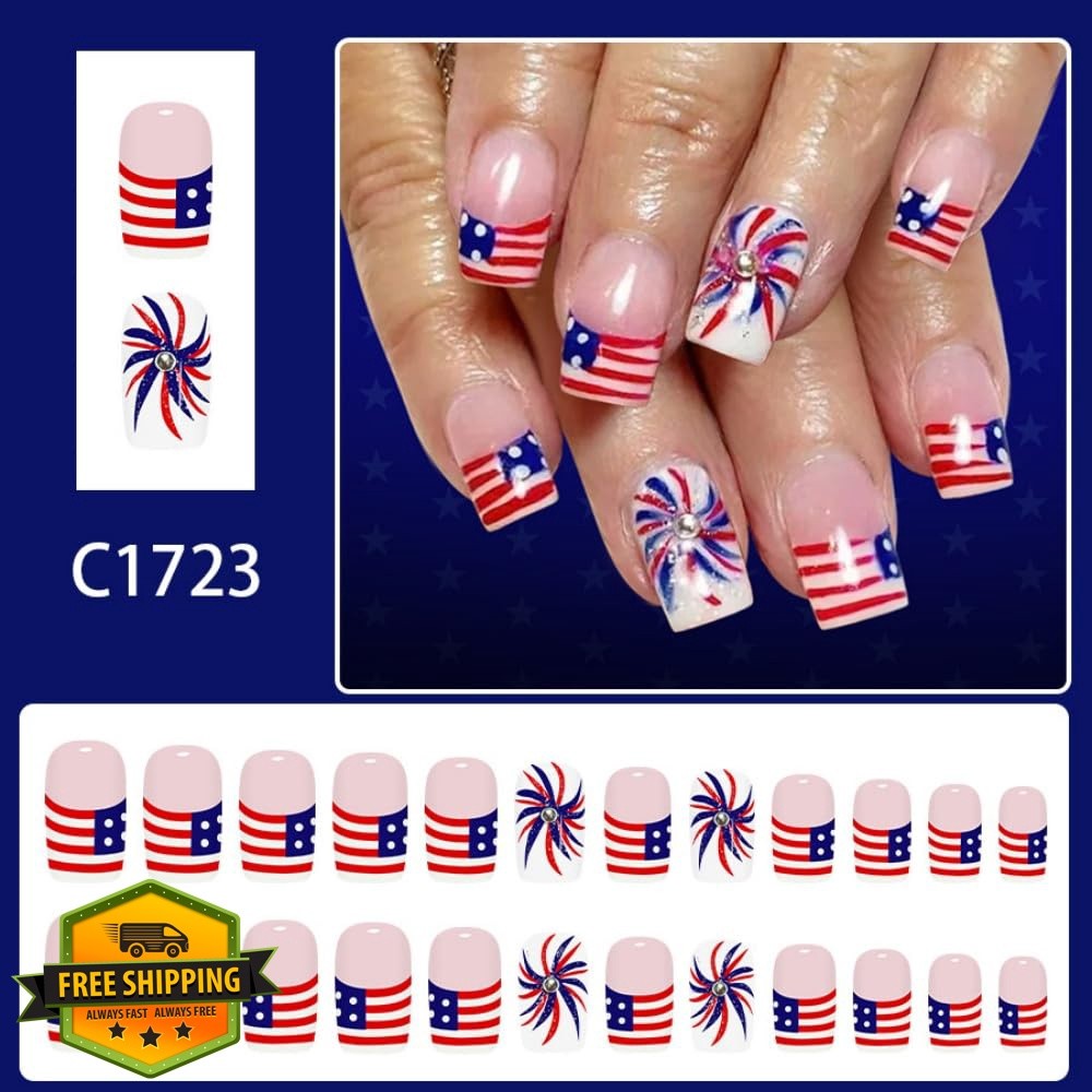 4th of July Press on Nails Medium Square Fake Nails with Fireworks Design Glo…