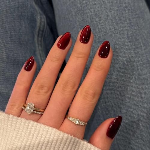 Burgundy Nails Press on, Wine Red Short Oval Round Cat cat eye oval wine red