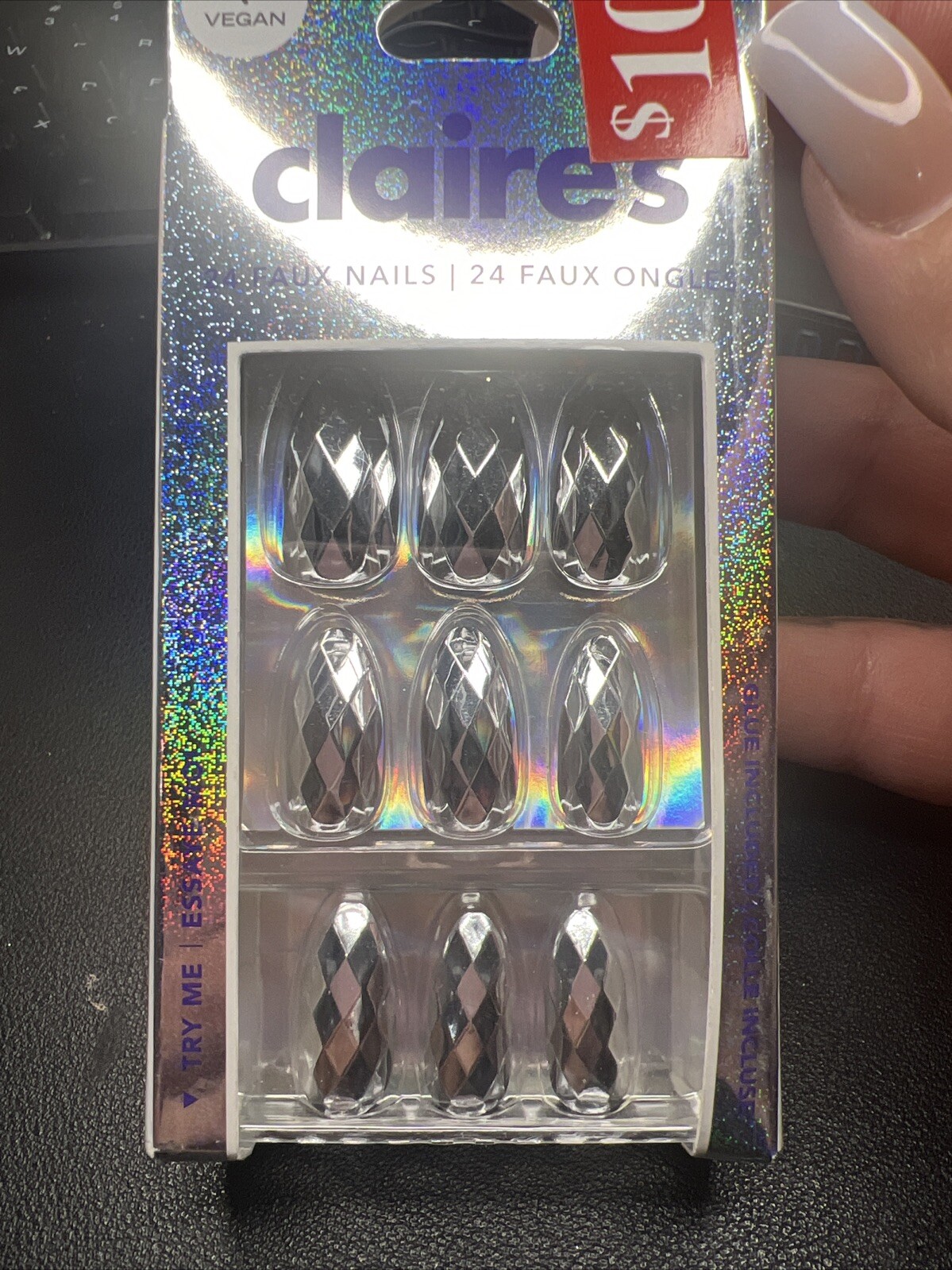 24pc Claire’s Fake False Glue On Silver Metallic Geometric Medium Almond Nails