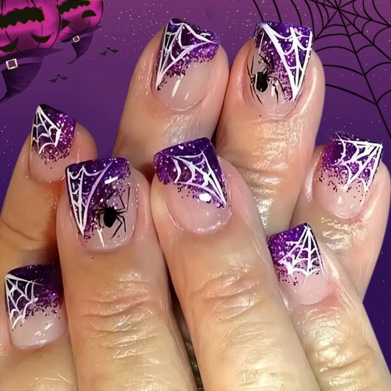 Halloween Glittering Spiderweb White False Nail With Cobweb Design ABS Plastic