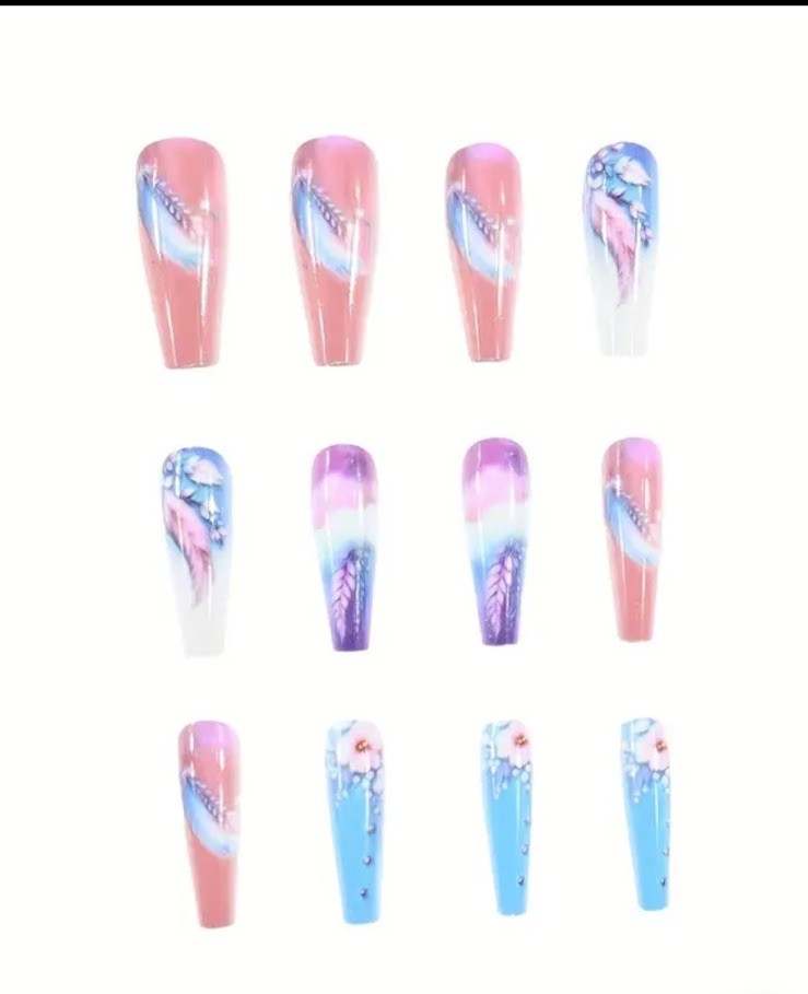 24pcs Romantic Love Clouds Long Coffin Press On Nails Boxed With Glue & Tabs