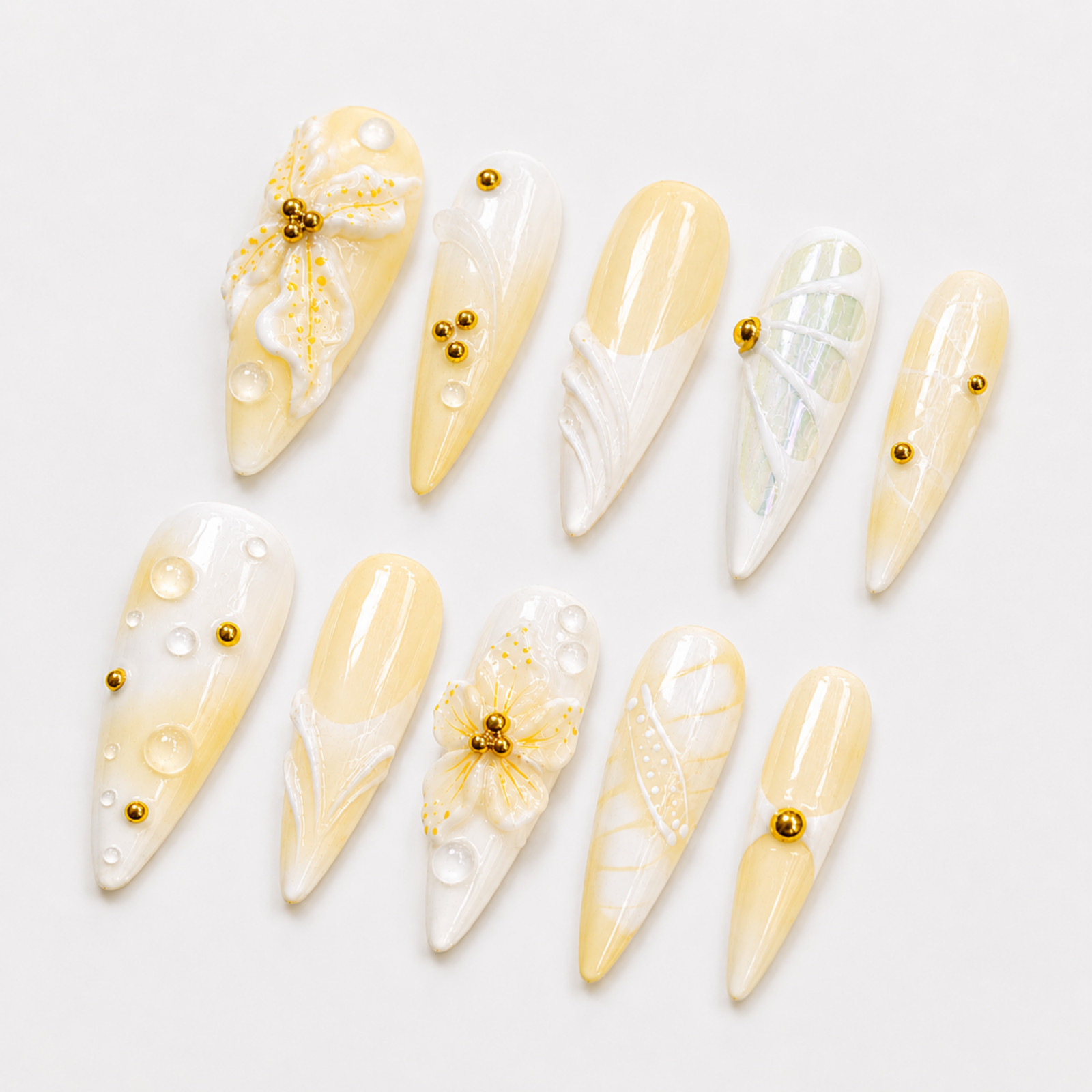 Handmade Yellow White Floral Press On Nails 3D Flower Gold Bead Set