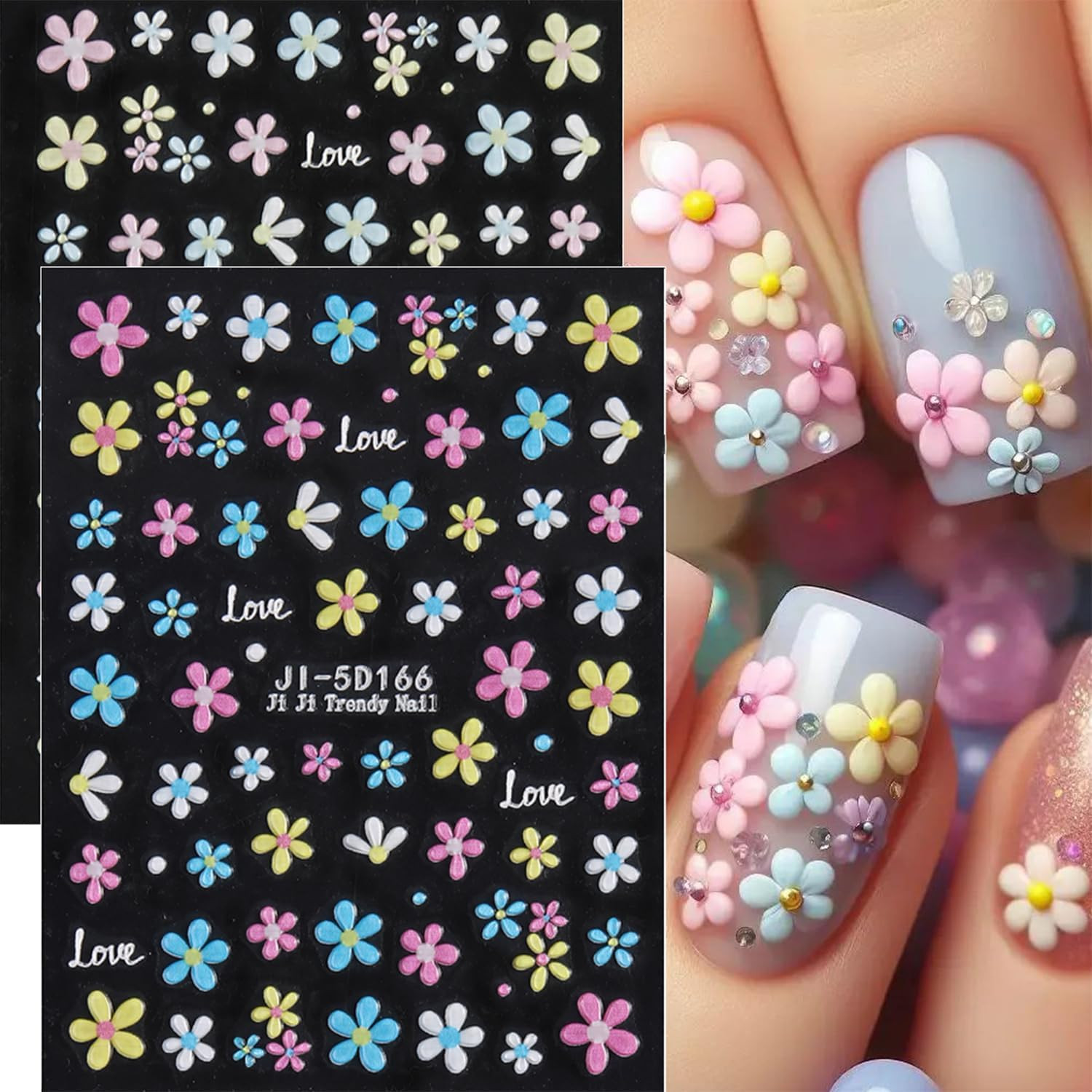 Spring Summer Flower Nails Stickers Decals 5D Embossed Flower Nails 3D Flower