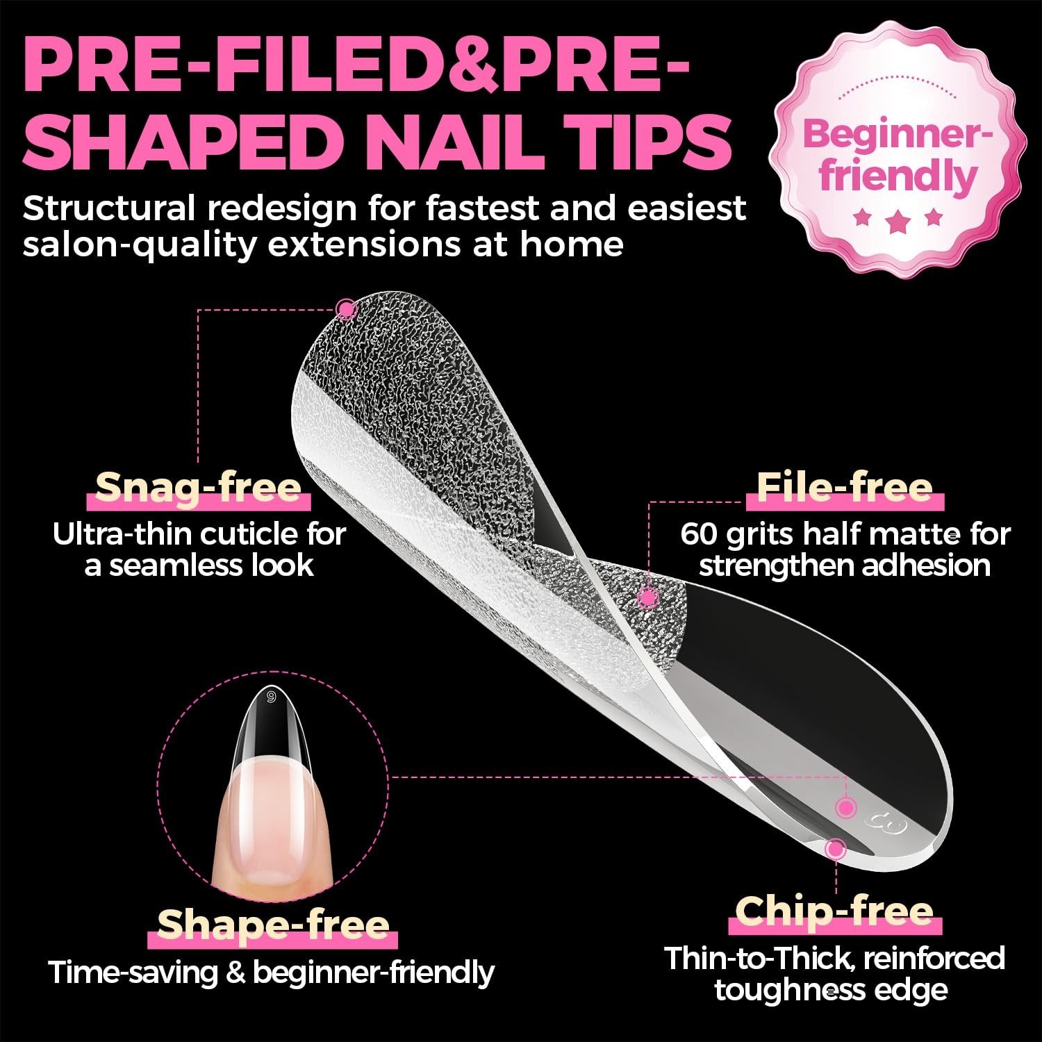 504PCS Clear Almond Fake Nail Tips – Professional DIY Press-On Extensions