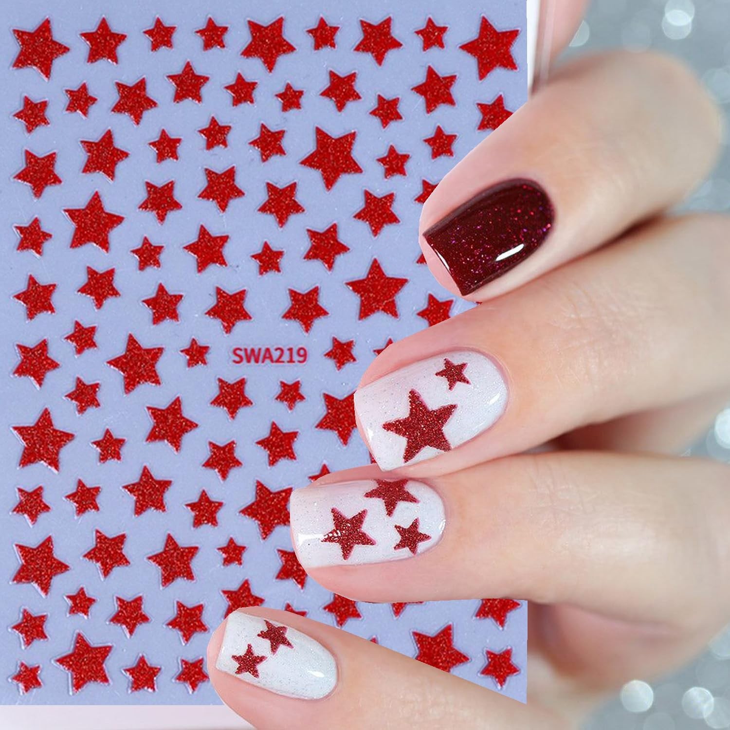 3D Star Self Adhesive Nail Stickers Red Blue White 6 Sheets Nail Art Supplies