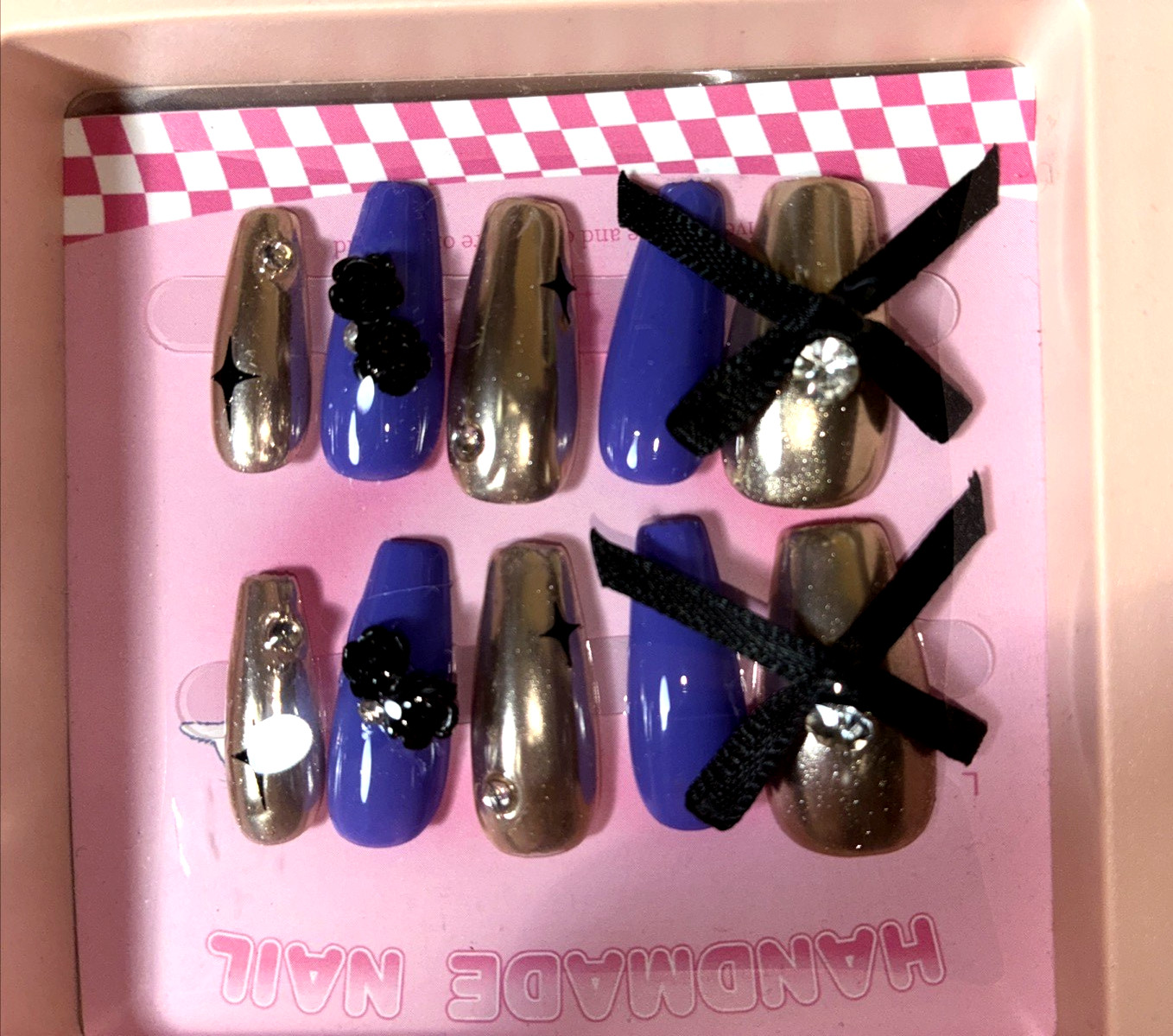 Set of 2 Designer Nail Art Press on Nails Pink & Silver & Purple Embellished