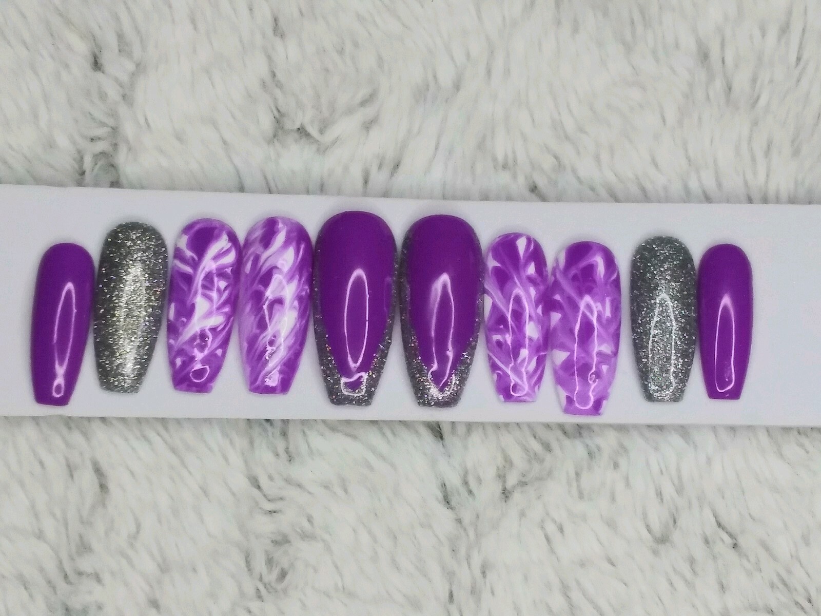 Purple white & silver holographic glitter tie dye press on nails long coffin