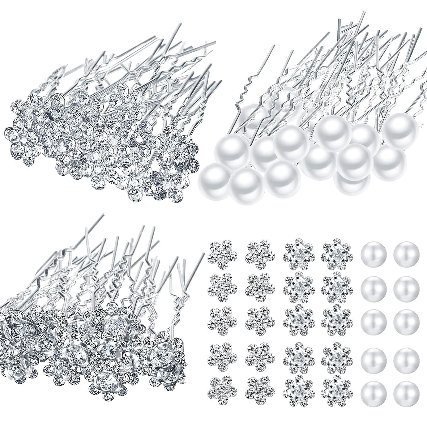 60 Pieces Bridal Wedding Hair Pins Pearl U Shape Rhinestone Silver