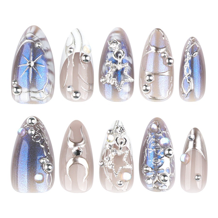 48Pcs-Long Almond Silver Chrome Moon Pearl 3D Rhinestone Press on Nails Set
