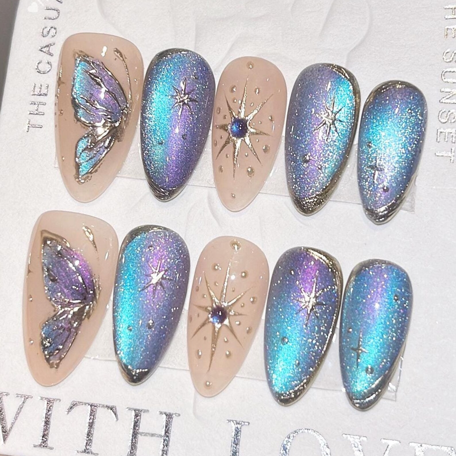 Handmade Iridescent Cat Eye Butterfly Rhinestone Medium Almond Press on Nails