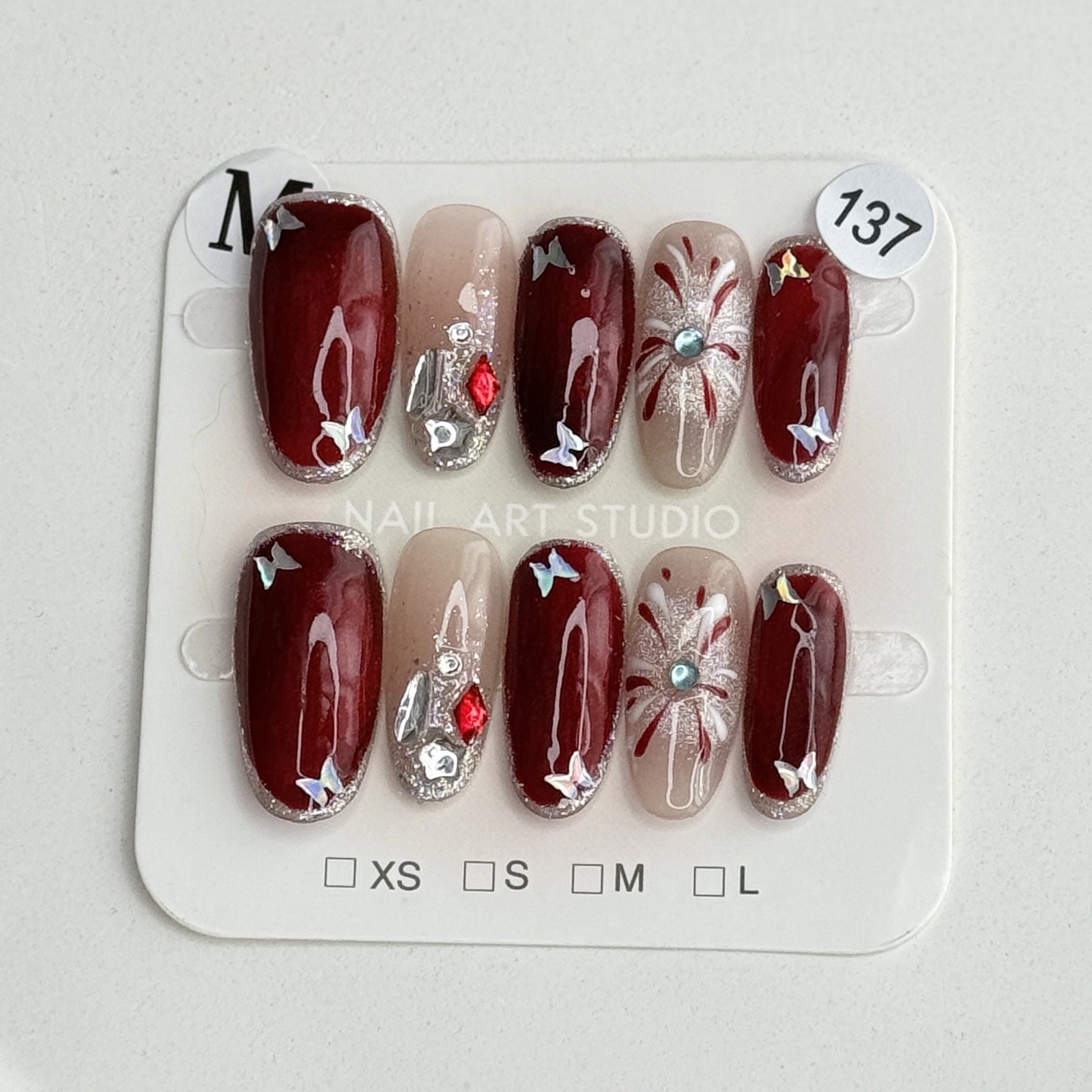 Handmade Red Fireworks Butterfly Press-On Nails Medium Oval SizeM Reusable