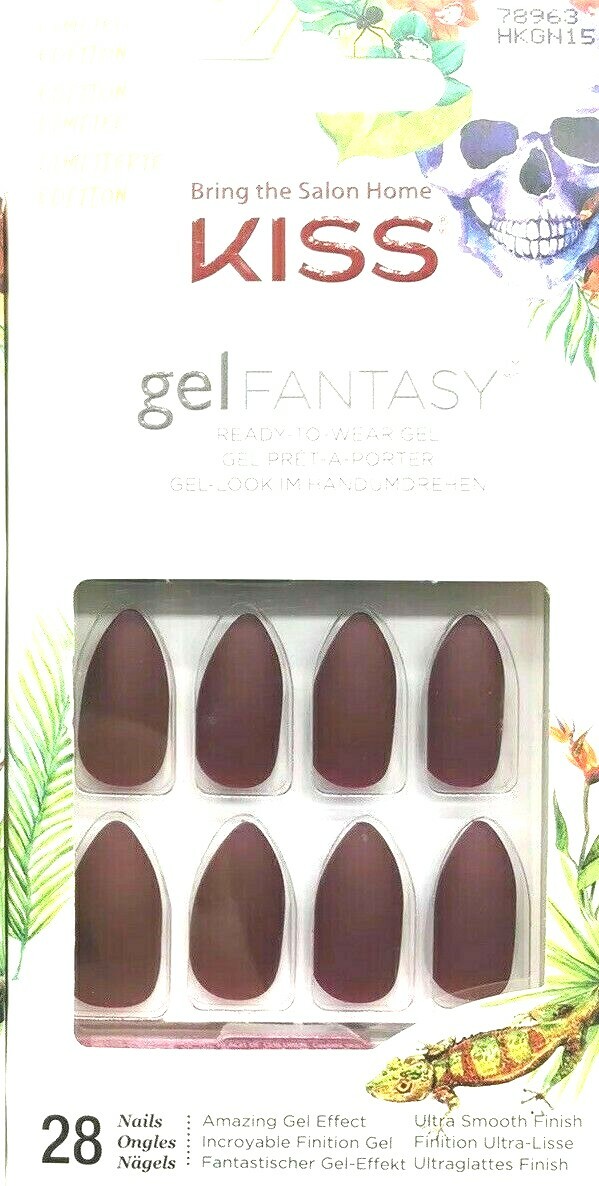 1 Kiss Gel Fantasy Matte Gray/Burgundy Pointed Almond Stiletto 78963
