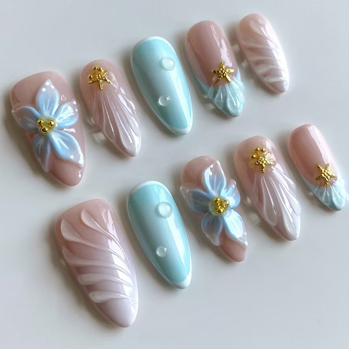 24Pcs Blue Almond Press on Nails 3D Pearl Mid-length Oval Bow False Nail Tips