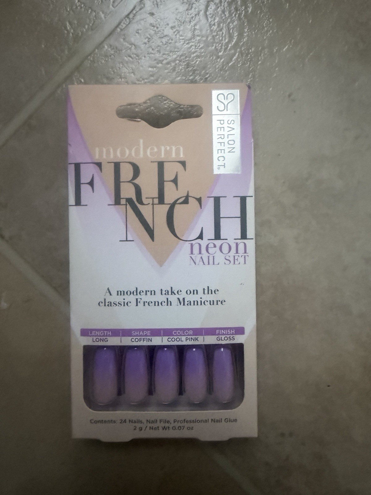 Salon Perfect Modern French Nail Set Neon Coffin Shape Long “Cool Pink”/Lavender