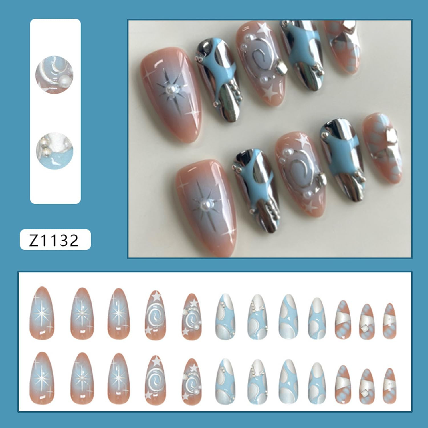 24Pcs Almond Press on Nails Medium Fake Nails with Silver Star Irregular Lines P