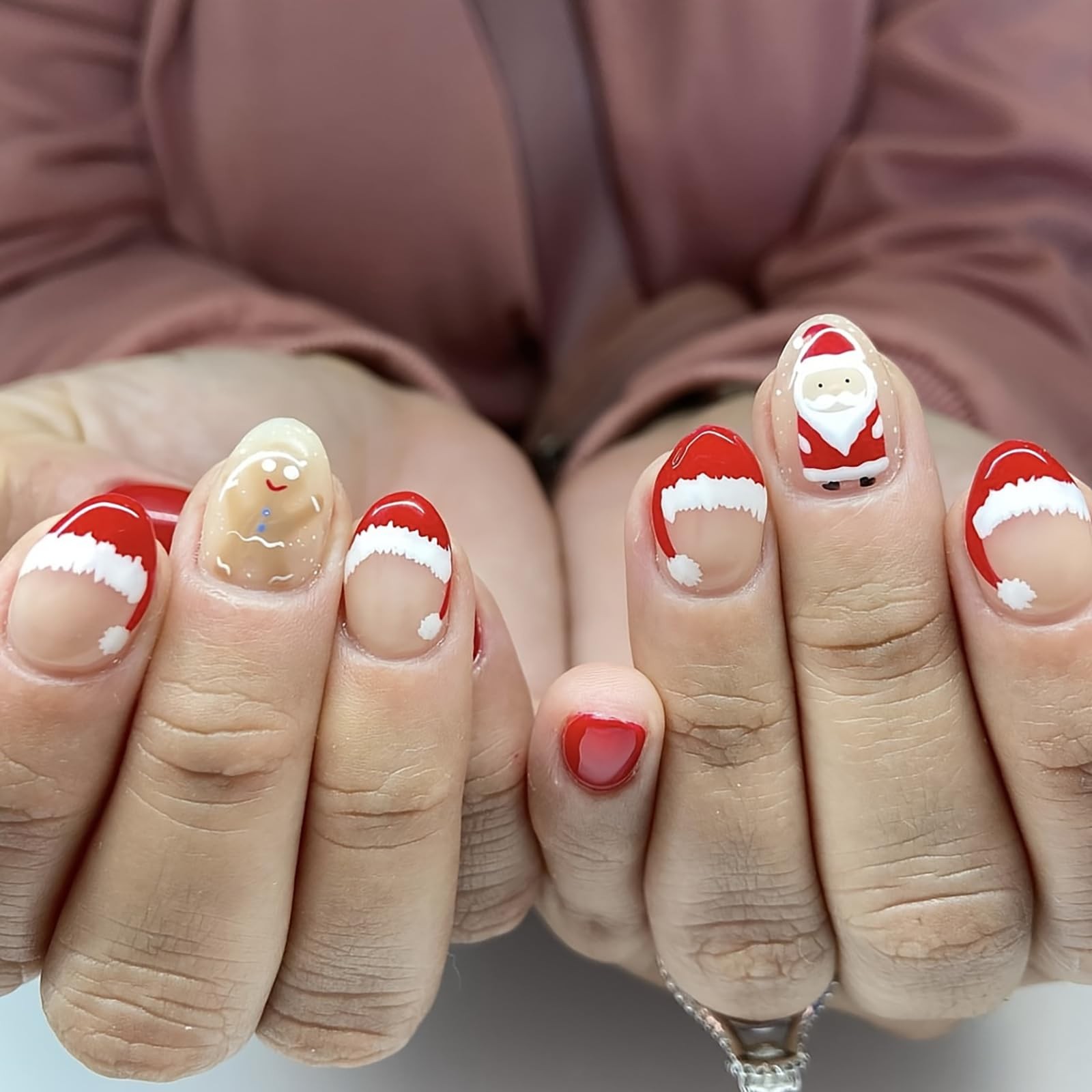 Christmas Press on Nails Short Almond French Tip Winter Fake Nails Red Full C…