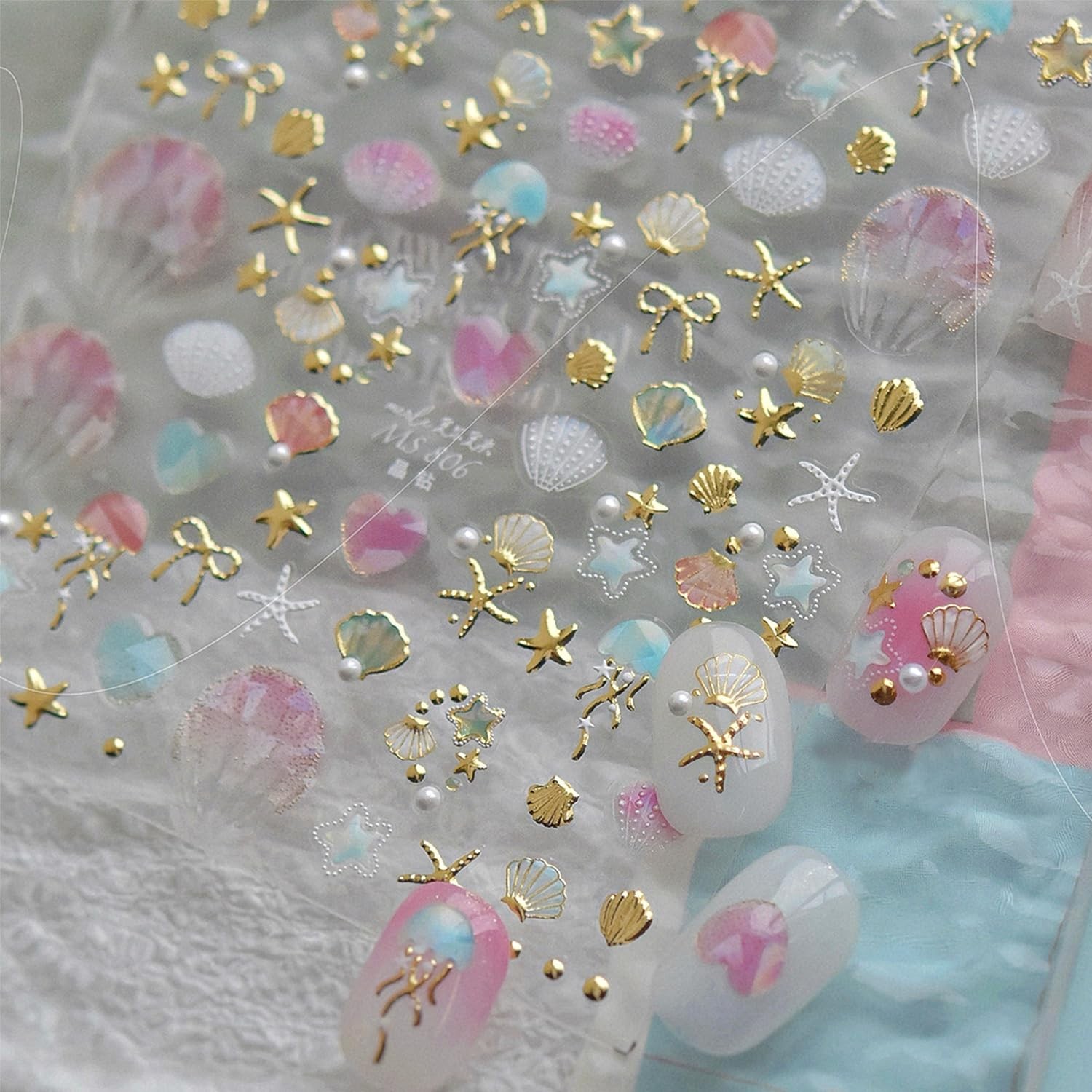 Summer Ocean Nail Stickers for Nails Art, -Adhesive Gold Shell Bow Stars Star…