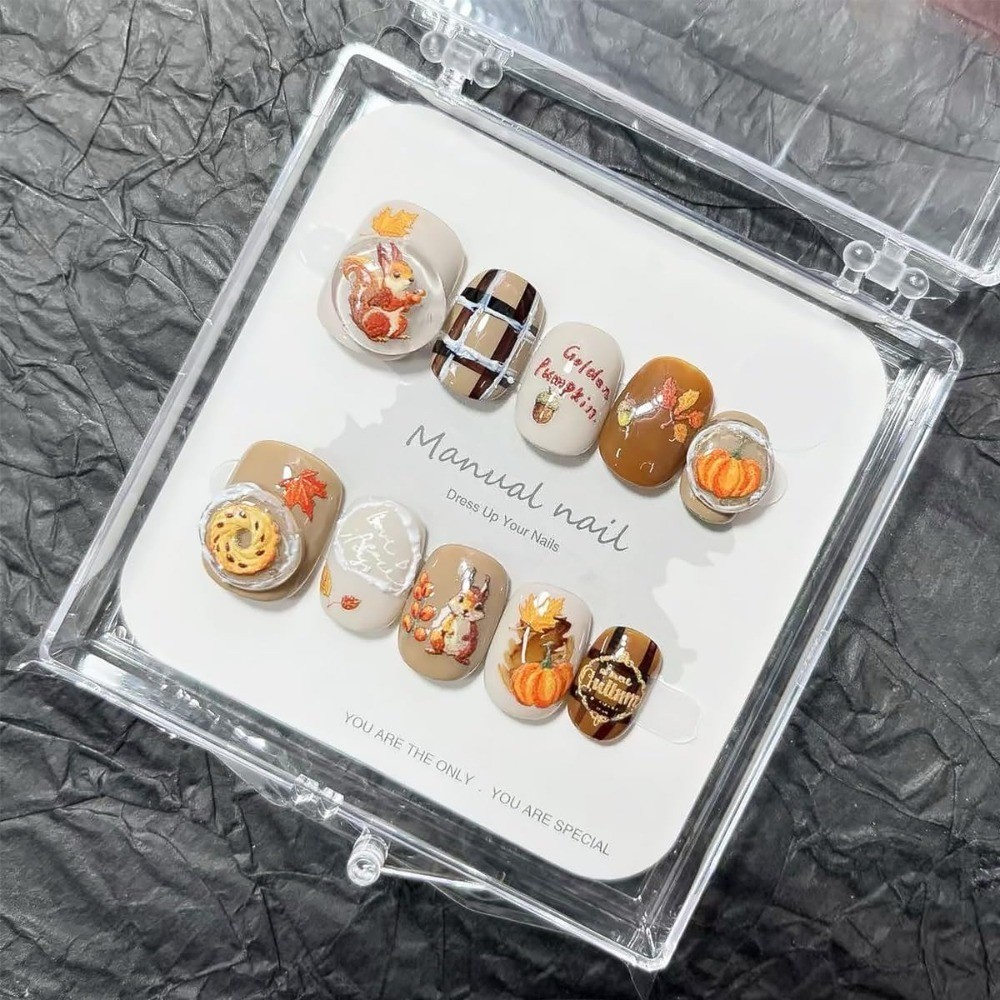 Thanksgiving Press on Nails Short 3D Maple Leaf Squirrel Pumpkin Design Fall