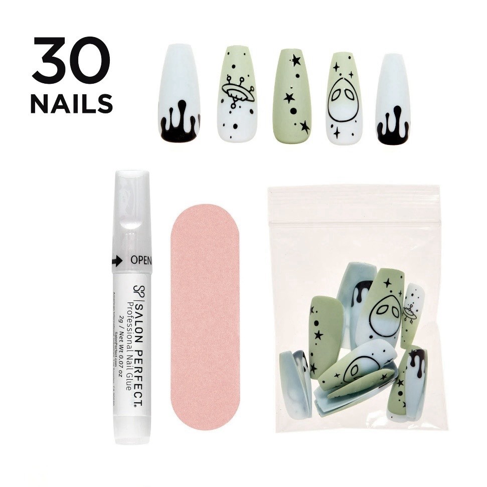 Salon Perfect Modern Nostalgia Blue Green UFO Long Coffin Press On Nails 30 Pcs