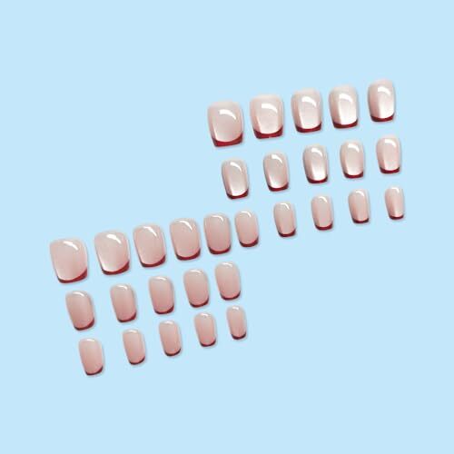 Red French Tip Press on Nails Short Square Fake 0.8 Fl Oz (Pack of 30) Style 21