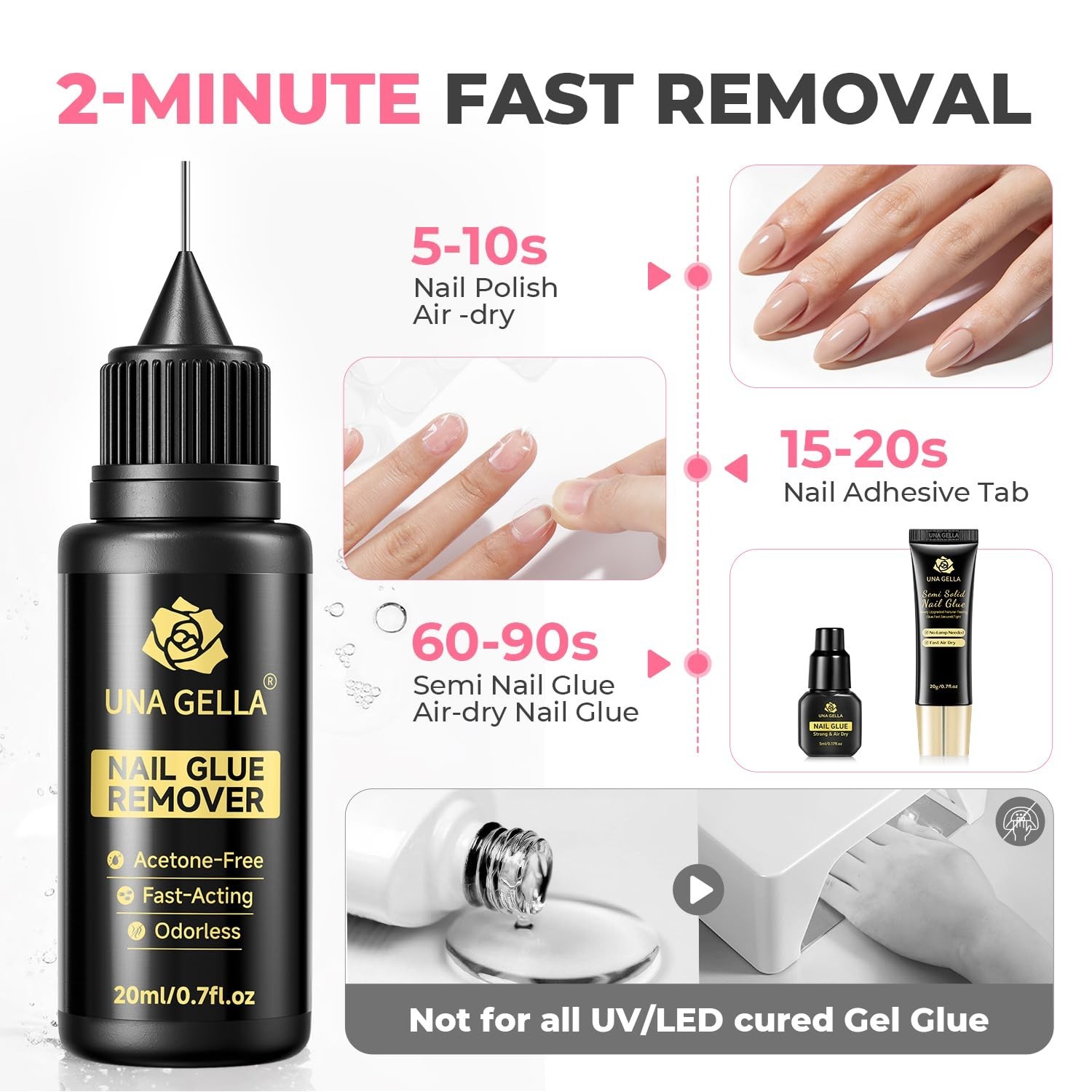 15g Nail Glue for Press On Nails + 20ml Non-Acetone Remover Kit, Quick Dry Gel