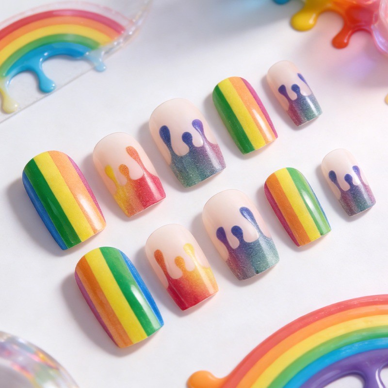 48pcs-Rainbow Drip Press on Nails, Short Square Gradient Pride Fake Nails