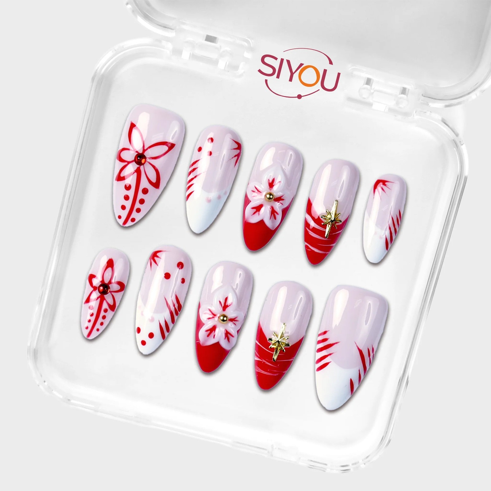 SIYOU Crimson Ink Almond Red, Gold & White Press-On Nails 10pc