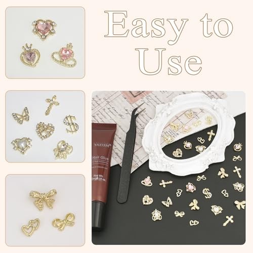 12 Grids Gold Nail Charms Kits Crystal Heart Nail Charms Sparkly Dollar Pink