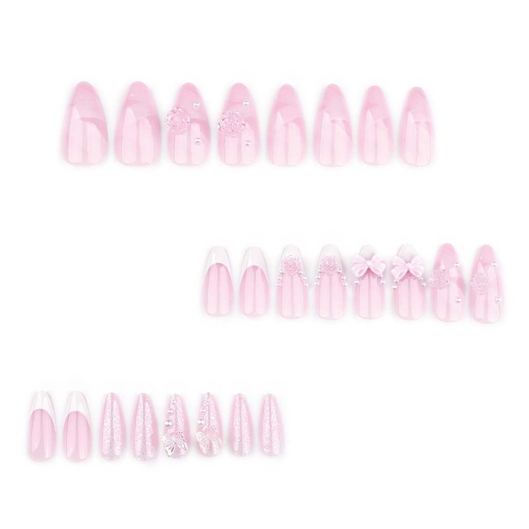 French Press on Nails Pink Medium, 3D Flower Fake Nails Acrylic