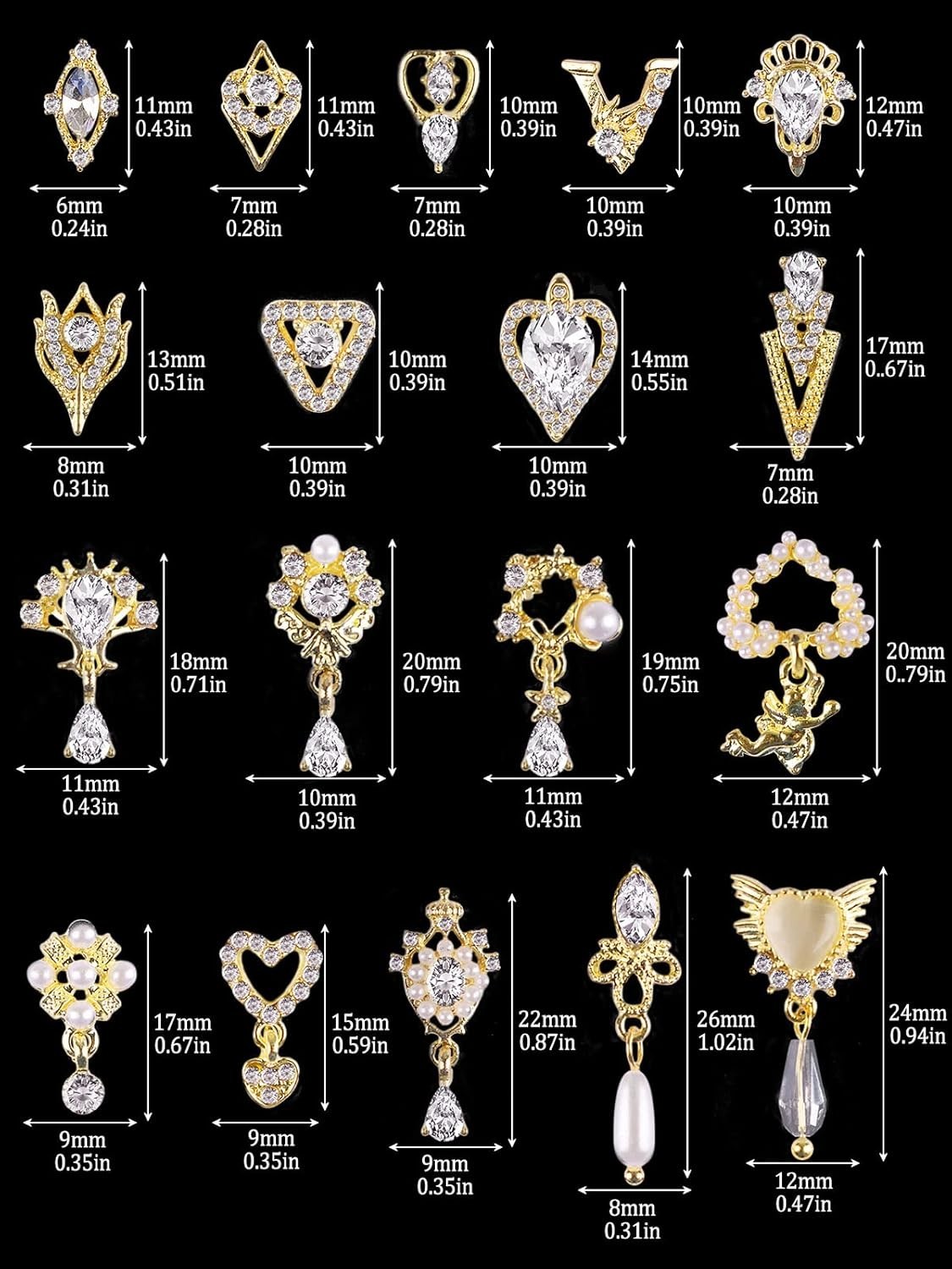 36 Pcs Versatile Nail Charms – Gold & Silver Rhinestones for Every Craft