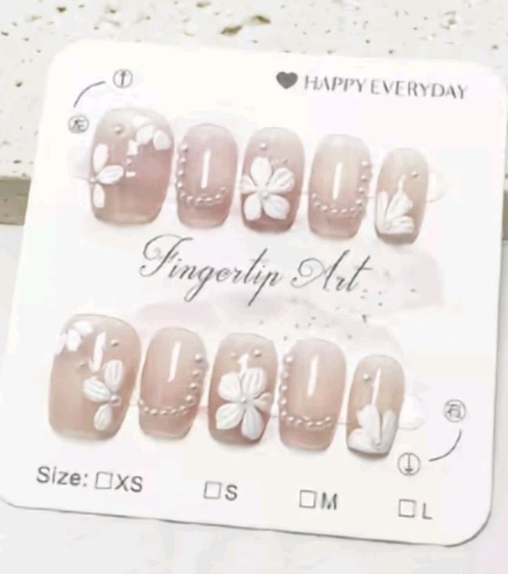Pink & White Floral Pearls Beads Press On Nails Set Flowers Faux Fake Nail Small