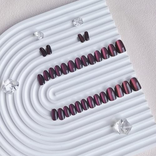 Cat Eye Press on Nails Short Oval, 30 Pcs Dark Pink Fake Nails Extra Short